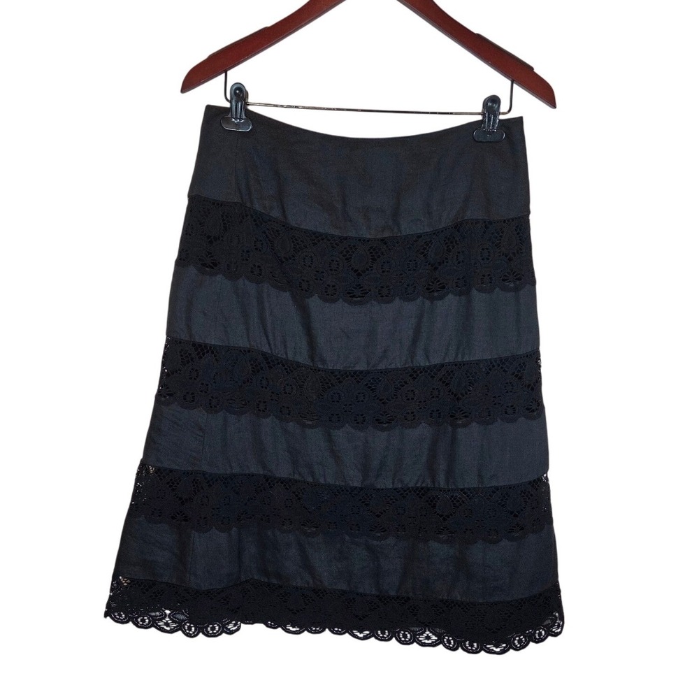 Spenser Jeremy Linen Lace Tiered A-Line Skirt Black Boho Romantic Medium